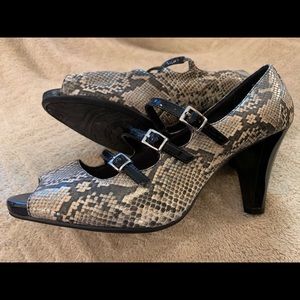 Gretta faux snake skin and black patent heels